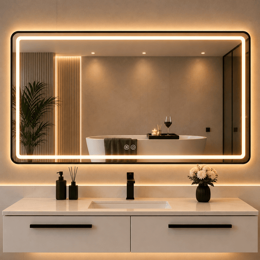 Oglindă LED 150×80 cm, cu Ramă Neagră , Dezaburire, 3 Tipuri de Lumină, Touch, Model Sharky Design Black