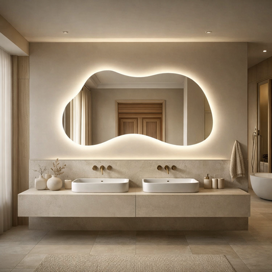 Oglinda LED Asimetrica Premium 140×80 cm, Touch, 3 Tipuri Lumina – Calda, Rece, Naturala