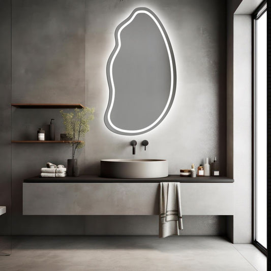 Oglinda LED Asimetrica Premium 60×80 cm, Touch, 3 Tipuri Lumina – Calda, Rece, Naturala