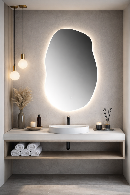 Oglinda LED Asimetrica Premium 60×90 cm, Touch, 3 Tipuri Lumina – Calda, Rece, Naturala