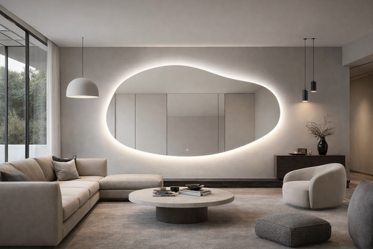 Oglinda LED Asimetrica Premium 140×90 cm, Touch, 3 Tipuri Lumina – Calda, Rece, Naturala