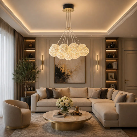Candelabru LED RFAN, Model H98022-7, Textura Cristal, Metal, 7 X G9, Auriu