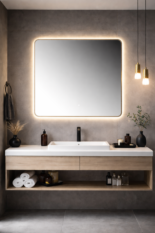 Oglinda LED Patrata Premium 80×80 cm, Rama Auriu, 3 Tipuri de Lumina – Calda, Rece, Neutra