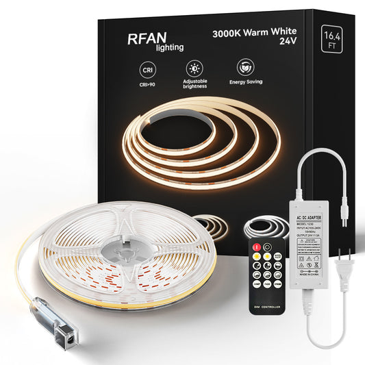 KIT Banda LED COB RFAN, cu Telecomanda, Lumina Calda, 3000K, 5m, 14W/m, 24V, Transformator 72W