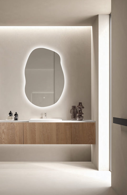 Oglinda LED Asimetrica Premium 60×90 cm, Touch, 3 Tipuri Lumina – Calda, Rece, Naturala