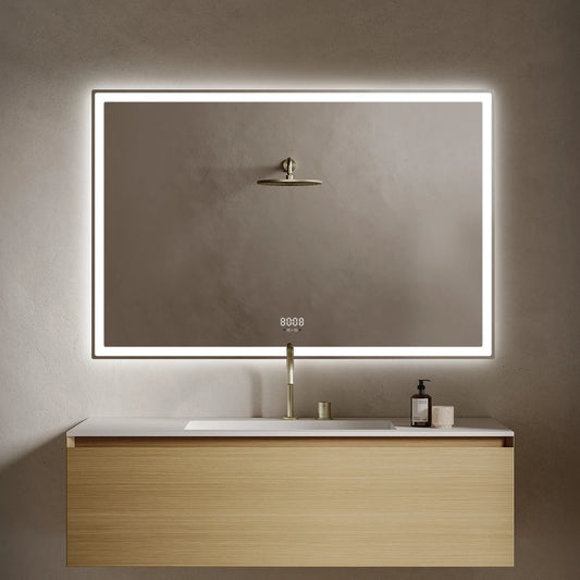 Oglinda LED 120×80 cm Dreptunghiulara, Senzor Miscare Premium – 3 Tipuri de Lumina, Dimabila, Ceas & Temperatura, Dezaburire