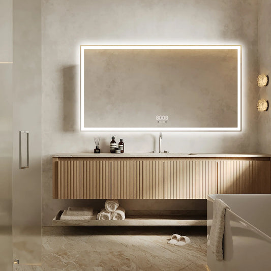 Oglinda Baie LED Smart 150×80 cm, Senzor Miscare, Dezaburire, Ceas si Temperatura, 3 Tipuri de Lumina, Dimabila