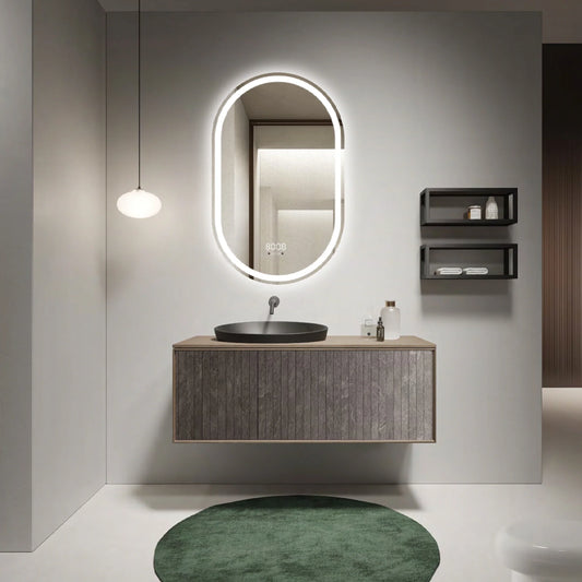 Oglinda LED 50×80 cm Ovala, Senzor Miscare Premium Dimabila, Ceas & Temperatura, Dezaburire