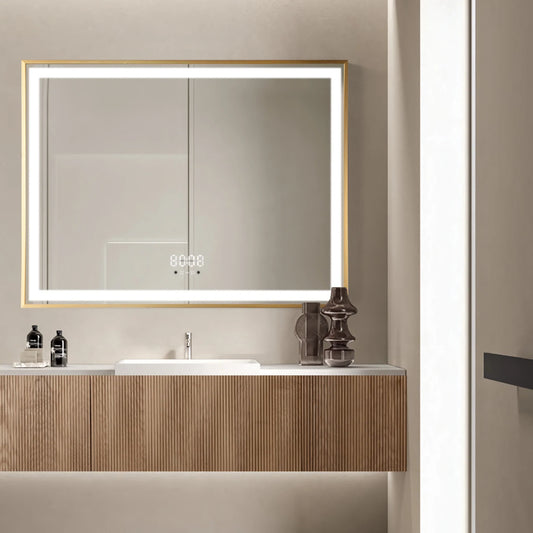 Oglinda LED 80×60 cm Dreptunghiulara cu Rama Aurie, Senzor Miscare Premium – 3 Tipuri de Lumina, Dimabila, Ceas & Temperatura, Dezaburire