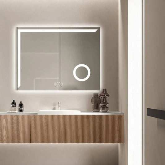 Oglinda LED 80×60 cm Dreptunghiulara, Senzor Miscare Premium, 3 Tipuri de Lumina, Dimabila, Ceas & Temperatura, Dezaburire