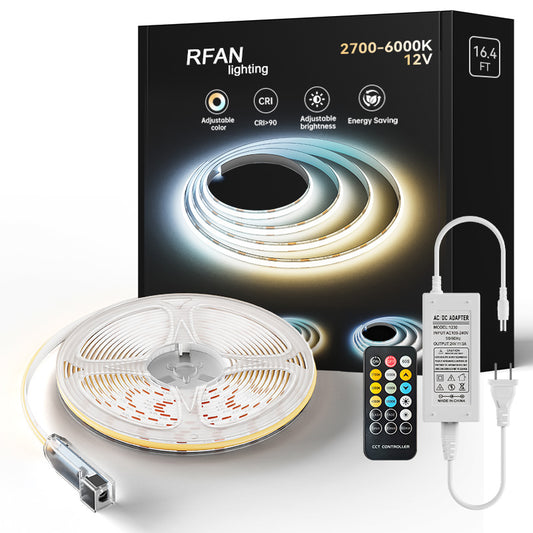 KIT Banda LED COB RFAN, CCT, cu Telecomanda, 3 Tipuri de Lumina, 5m, 15W/m, 24V, Transformator 72W