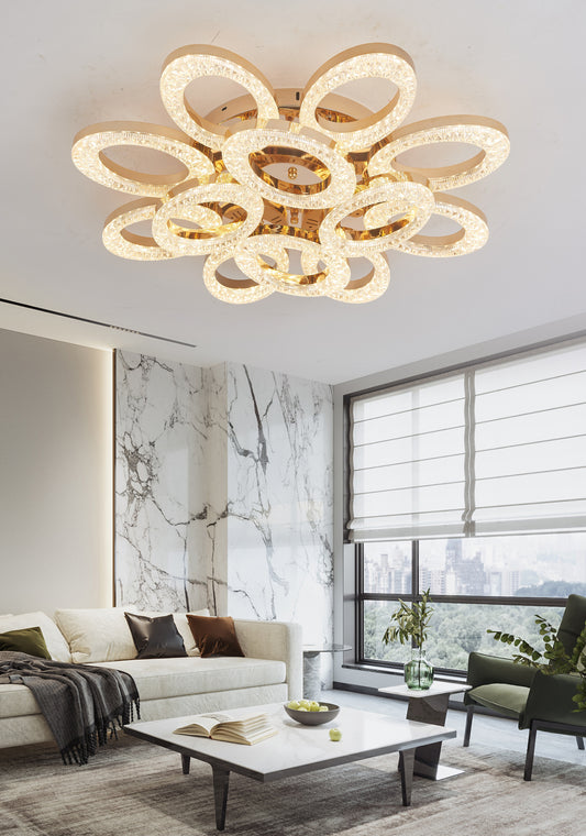 Lustra LED RFAN, Model J409/8+4, Cu Telecomanda, 3 Tipuri De Lumina, Intensitate Reglabila, 192W, Auriu