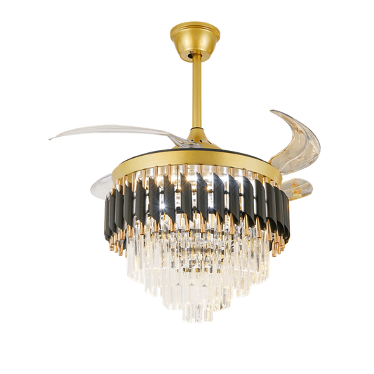 Candelabru LED RFAN, Cu Ventilator si Telecomanda, Cristal Si Metal, 72W, Negru/Auriu