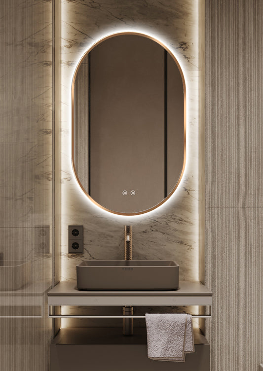 Oglinda LED si Touch, cu Functie Dezaburire si Ceas, 3 Tipuri De Lumina, Rama Aurie, 50 x 80 cm, J179-5080 Smack