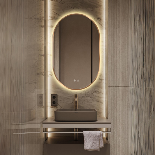 Oglinda LED si Touch, cu Functie Dezaburire si Ceas, 3 Tipuri De Lumina, Rama Aurie, 50 x 80 cm, J179-5080 Smack