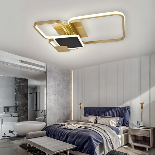 Lustra LED RFAN, Model R9042, cu Telecomanda, 3 Tipuri de Lumina, Intensitate Reglabila, 128W, Auriu