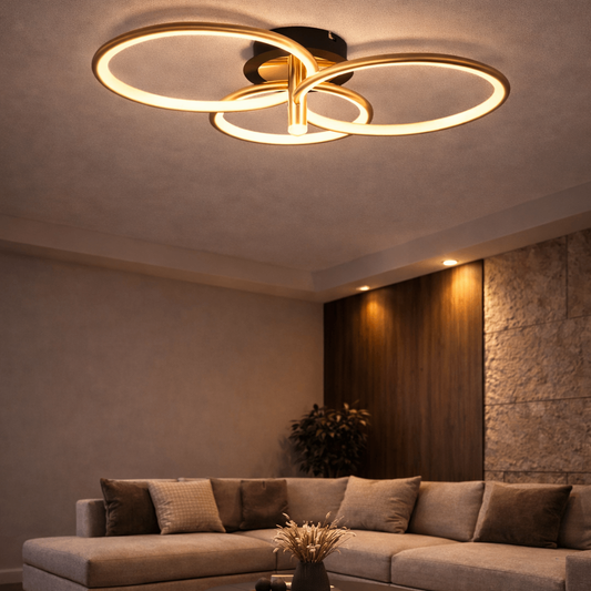 Lustra LED RFAN, Model HX80002-3, Cu Telecomanda, 3 Tipuri De Lumina, Intensitate Reglabila, 63W, Negru/Auriu 1