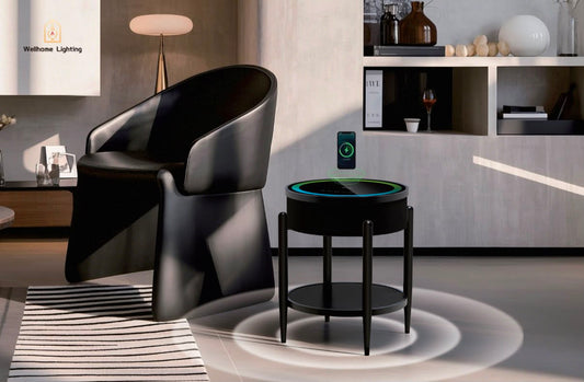 Masuta rotunda smart QMS-7 cu boxa Bluetooth 65W, incarcare wireless, USB-C, TWS si iluminare LED RGB, neagra