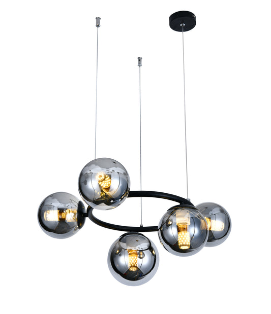 Pendul RFAN, Model N6805-5, Cu 5 Abajururi, 5 x E27, Inaltime Reglabila, Negru/Crom