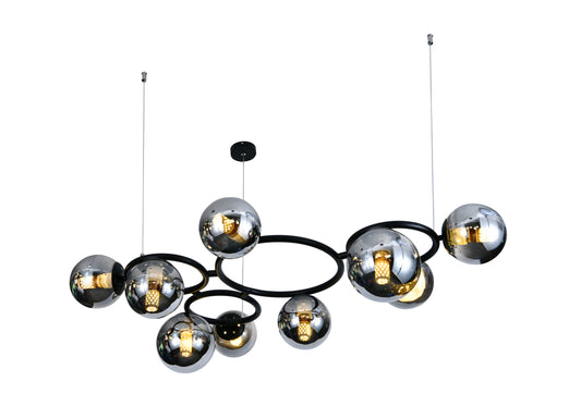 Pendul RFAN, Model N6805-9, Cu 9 Abajururi, 9 x E27, Inaltime Reglabila, Negru/Crom