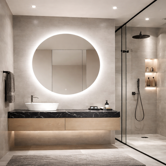 Oglinda LED Rotunda Premium 80×80 cm, Lumina Spate, 3 Tipuri de Lumina – Calda, Rece, Neutra