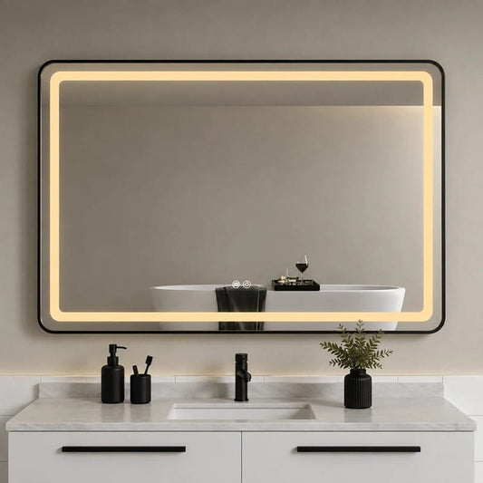 Oglindă LED 100×80 cm cu Ramă Neagră, Shark Design, Iluminare Față + Spate, Dezaburire, Touch, 3 Tipuri de Lumină, IP65