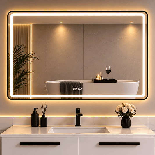 Oglindă LED 110×70 cm, cu Ramă Neagră , Dezaburire, 3 Tipuri de Lumină, Touch, Model Sharky Design Black