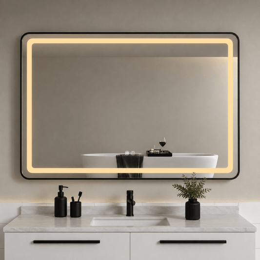 Oglindă LED 120×80 cm, cu Ramă Neagră , Dezaburire, 3 Tipuri de Lumină, Touch, Model Sharky Design
