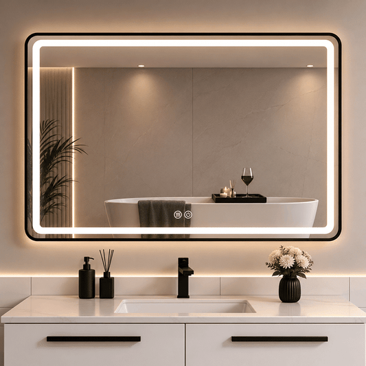 Oglindă LED 120×80 cm, cu Ramă Neagră , Dezaburire, 3 Tipuri de Lumină, Touch, Model Sharky Design