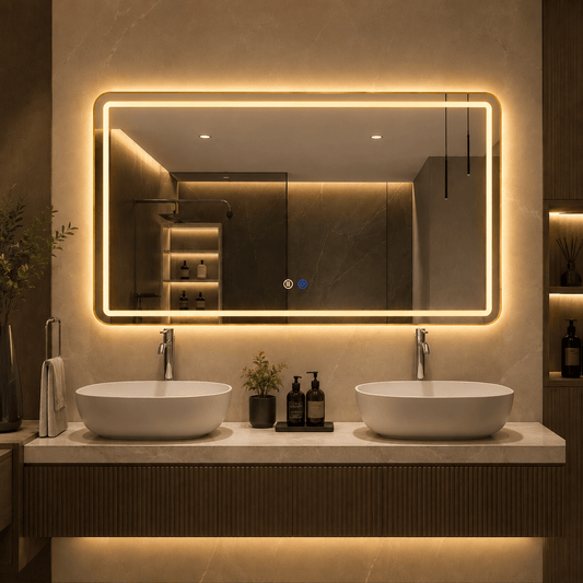 Oglindă LED 150×80 cm cu Ramă Auriu Periat, Model Shark Design, Dezaburire, 3 Tipuri de Lumină, Touch, IP65