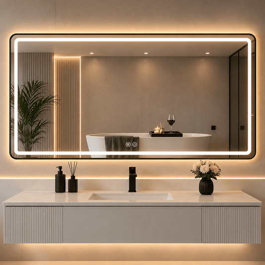 Oglindă LED 150×80 cm, cu Ramă Neagră , Dezaburire, 3 Tipuri de Lumină, Touch, Model Sharky Design Black