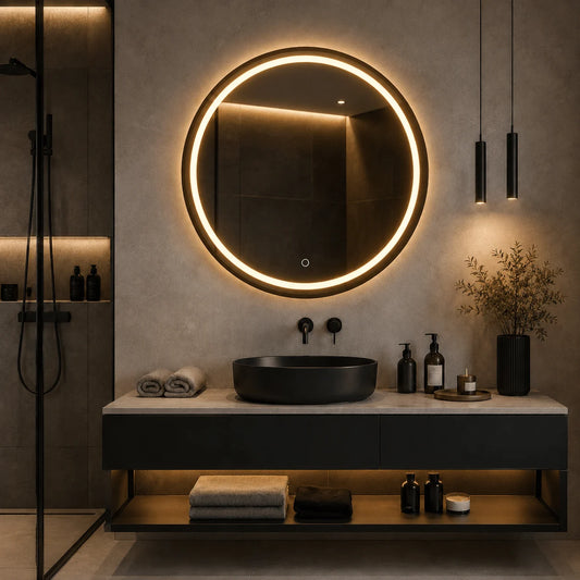 Oglindă LED 80×80 cm cu Ramă Neagră, Shark Design, Iluminare Față + Spate, Dezaburire, Touch, 3 Tipuri de Lumină, IP65