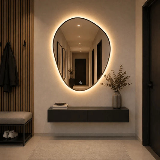 Oglindă LED Asimetrică Premium cu Ramă Neagră 70×90 cm, Lumină Spate, 3 Tipuri de Lumină – Calda, Rece, Neutra