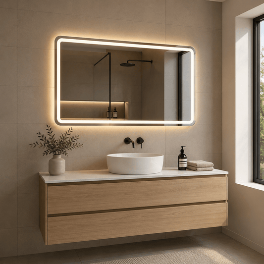 Oglindă LED Dreptunghiulară 90×60 cm, Iluminare Față + Spate, Dezaburire, 3 Tipuri de Lumină, Touch, Model Assi