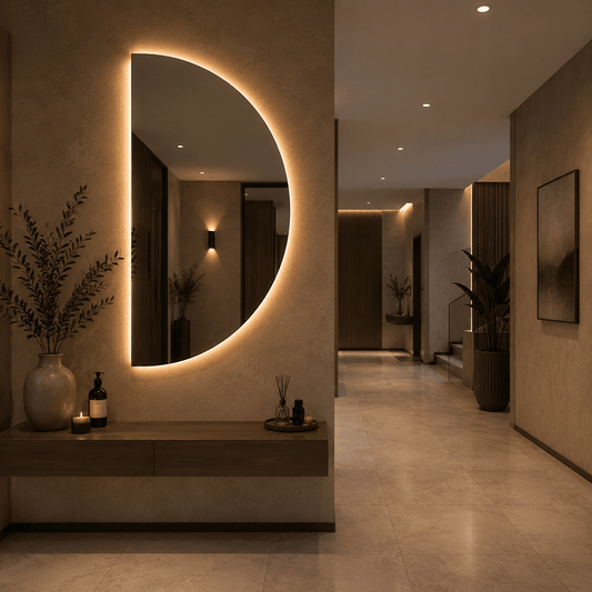 Oglindă LED Model Semilună – Half Moon 60×120 cm, Iluminare Spate, 3 Tipuri de Lumină, Touch