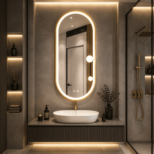 Oglindă LED Ovală 50×100 cm cu Ramă Auriu Periat, Model Shark Design, Dezaburire, 3 Tipuri de Lumină, Touch, IP65