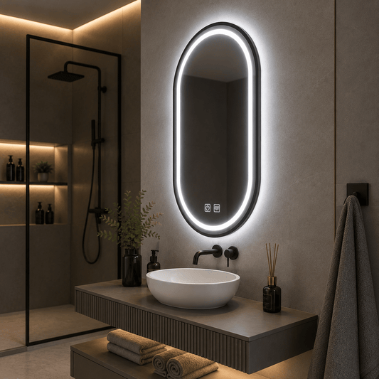 Oglindă LED Ovală 50×100 cm cu Ramă Negru Periat, Model Shark Design, Dezaburire, 3 Tipuri de Lumină, Touch, IP65