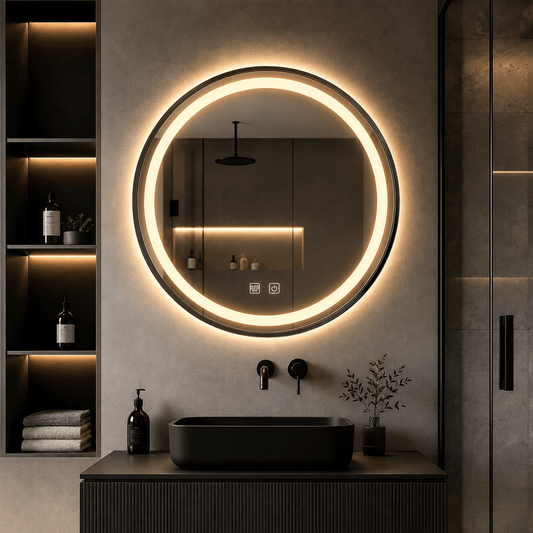 Oglindă LED Rotundă 60×60 cm, cu Ramă Neagră, Iluminare Față + Spate, Dezaburire, 3 Tipuri de Lumină, Touch, Model Cosmo Black