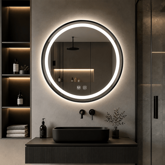 Oglindă LED Rotundă 60×60 cm, cu Ramă Neagră, Iluminare Față + Spate, Dezaburire, 3 Tipuri de Lumină, Touch, Model Cosmo Black