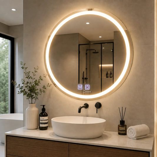 Oglindă LED Rotundă 70×70 cm, Model Shark Design, Dezaburire, 3 Tipuri de Lumină, Touch, IP65