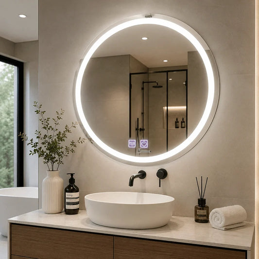 Oglindă LED Rotundă 70×70 cm, Model Shark Design, Dezaburire, 3 Tipuri de Lumină, Touch, IP65