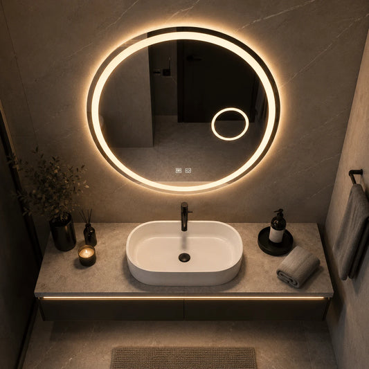 Oglindă LED Rotundă 80×80 cm, cu Lupa Cosmetica Model Shark Design, Dezaburire, 3 Tipuri de Lumină, Touch, IP65