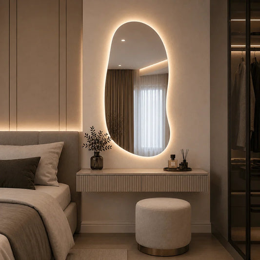 Oglinda cu LED Integrat 70×100 cm, Asimetrica, 3 Tipuri de Lumina, Calda, Neutra si Rece, cu Touch