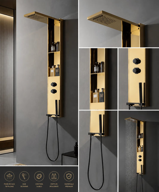 Panou de Duș Auriu Premium, Inox SUS304, 140×22 cm, Efect Ploaie și Cascadă, cu Rafturi Integrate