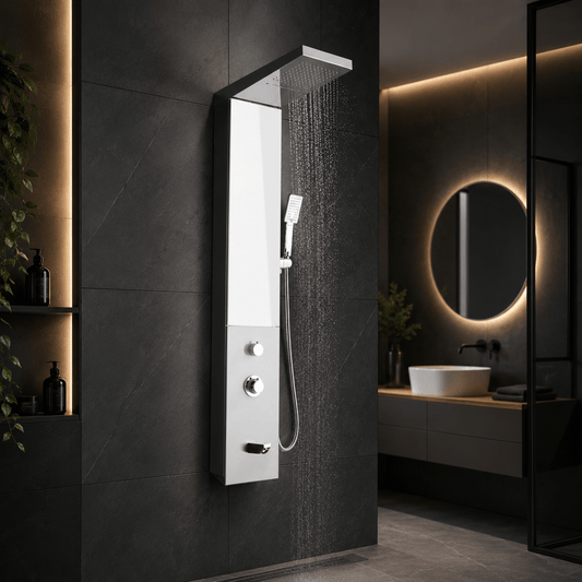 Panou de Duș Premium Crom, Oglindă Integrată și Dulap cu Rafturi, Inox, 140×23 cm
