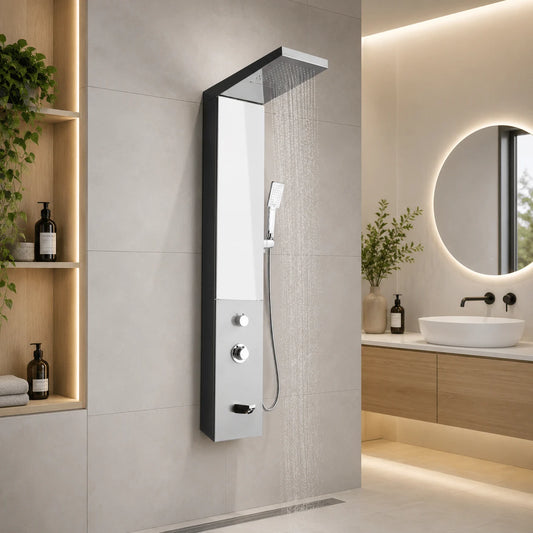 Panou de Duș Premium Crom, Oglindă Integrată și Dulap cu Rafturi, Inox, 140×23 cm