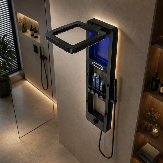 Panou de Duș Premium Negru Mat cu LED Albastru și Afișaj Digital, Inox SUS304, 119x36x8 cm