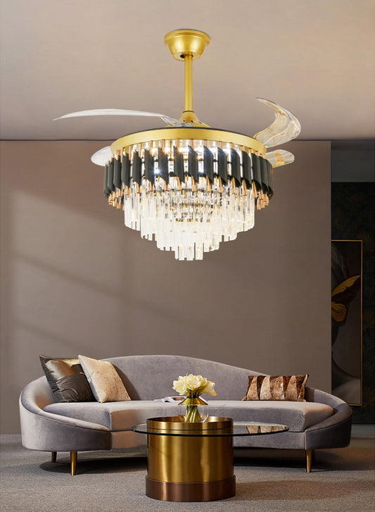 Candelabru LED RFAN, Cu Ventilator si Telecomanda, Cristal Si Metal, 72W, Negru/Auriu