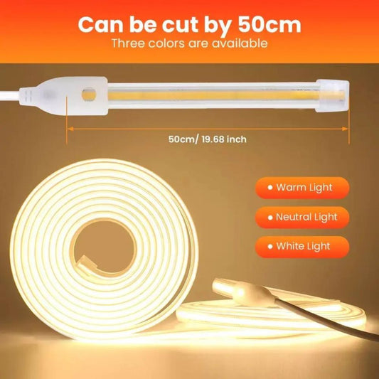 Banda LED COB, Flexibila, IP65, 280 LED/M, Lumina Calda, 3000K, 8W/M, 100m/Rola, 220V, Cu Alimentator Inclus