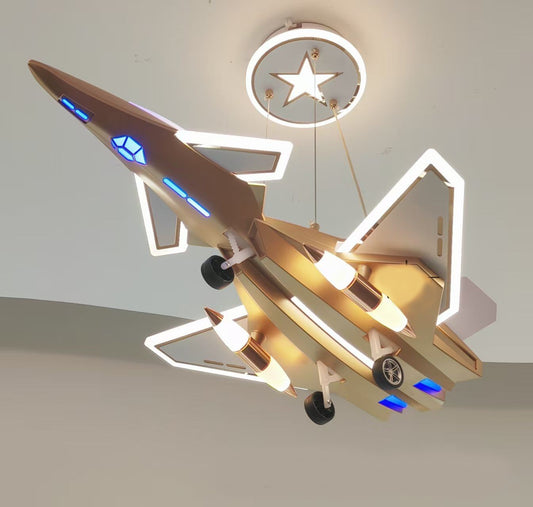 Pendul Avion RFAN, Model D188, 3 Tipuri Lumina, Inaltime Reglabila, 240W, Galben-Auriu